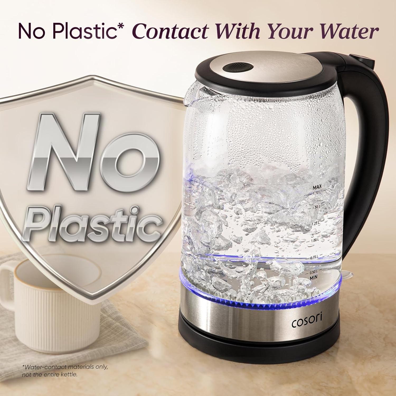 Electric Kettle, No Plastic Contact with Water, Wide Mouth for Easy Cleaning, Auto Shut Off, 1.7L Tea Kettle & Hot Water Boiler, Water Heater & Teapot, Borosilicate Glass, Black, 1500W