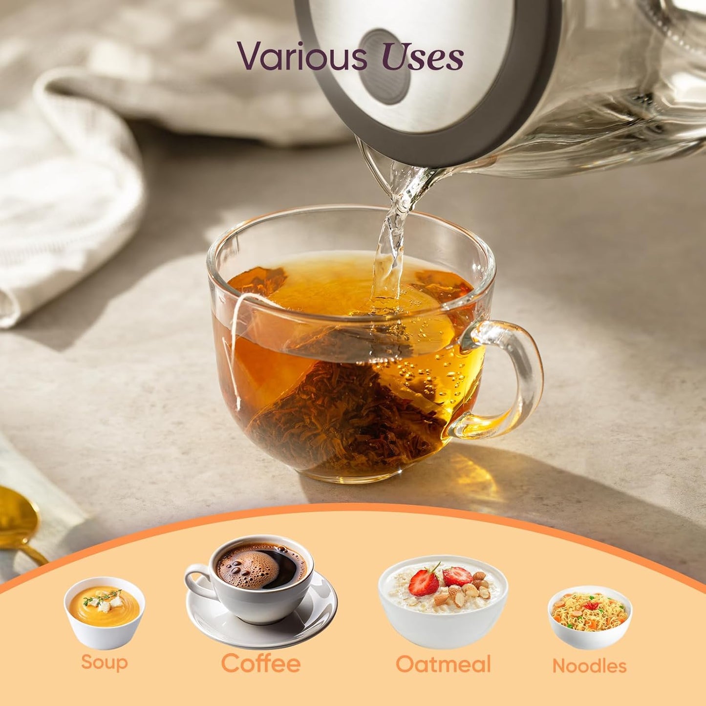 Electric Kettle, No Plastic Contact with Water, Wide Mouth for Easy Cleaning, Auto Shut Off, 1.7L Tea Kettle & Hot Water Boiler, Water Heater & Teapot, Borosilicate Glass, Black, 1500W